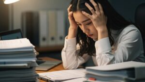 山積みの書類を前に、仕事に真面目だけどミスが多いことに悩む日本人女性