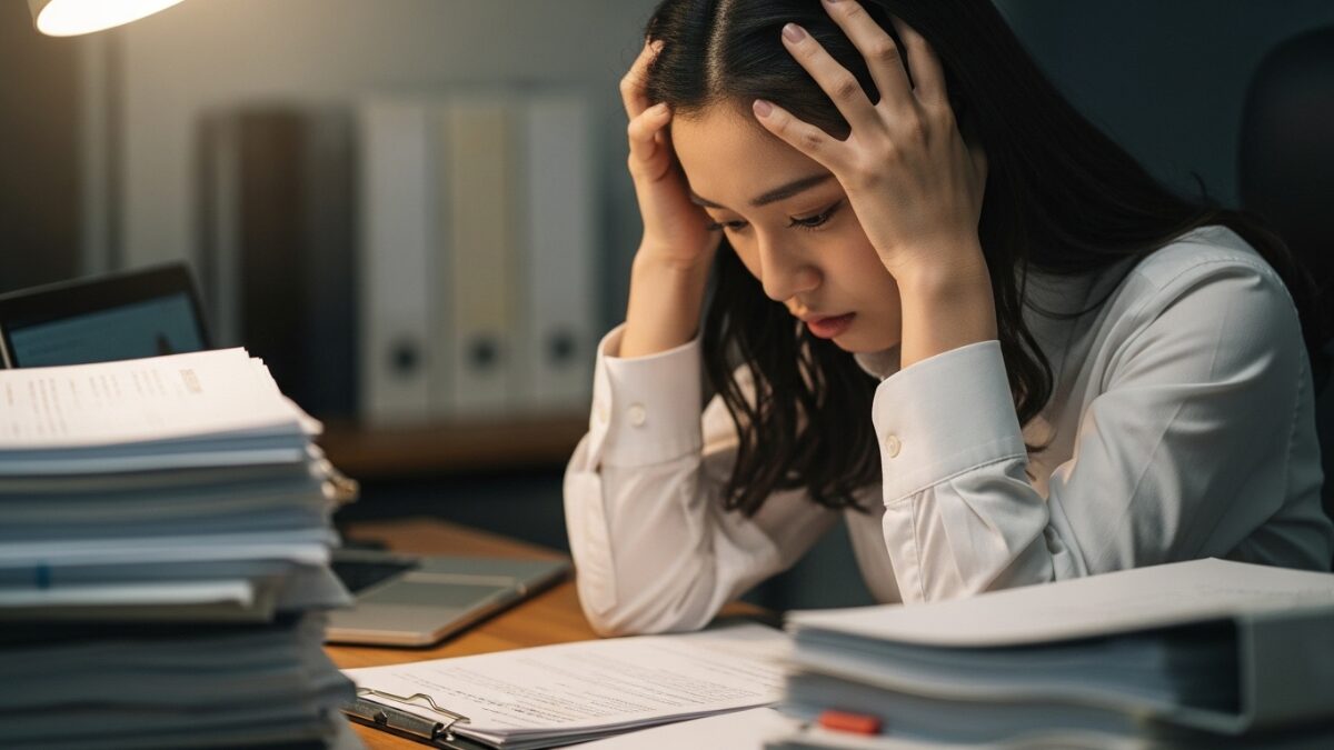 山積みの書類を前に、仕事に真面目だけどミスが多いことに悩む日本人女性