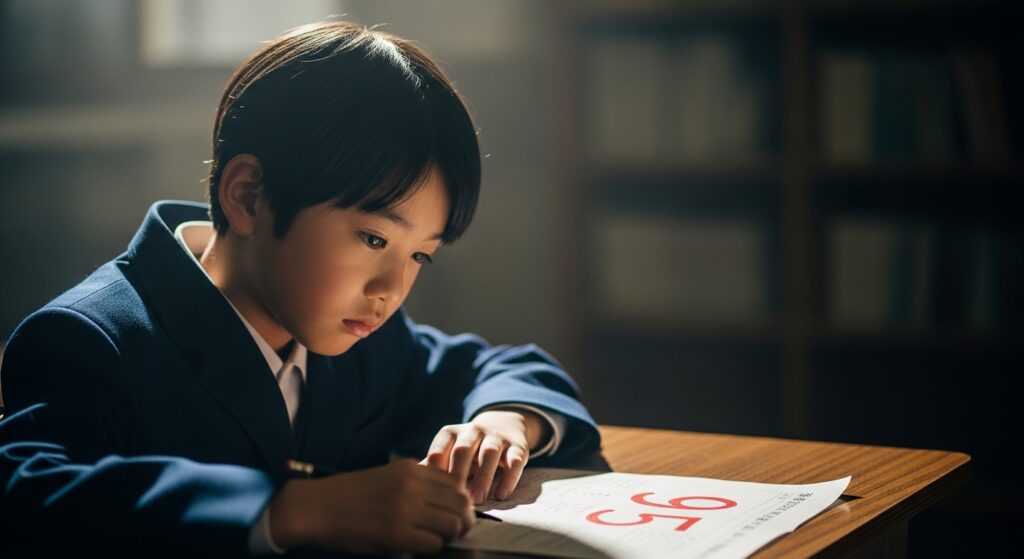 95点のテスト用紙を前に、完璧を求められるプレッシャーでうつむく制服姿の少年