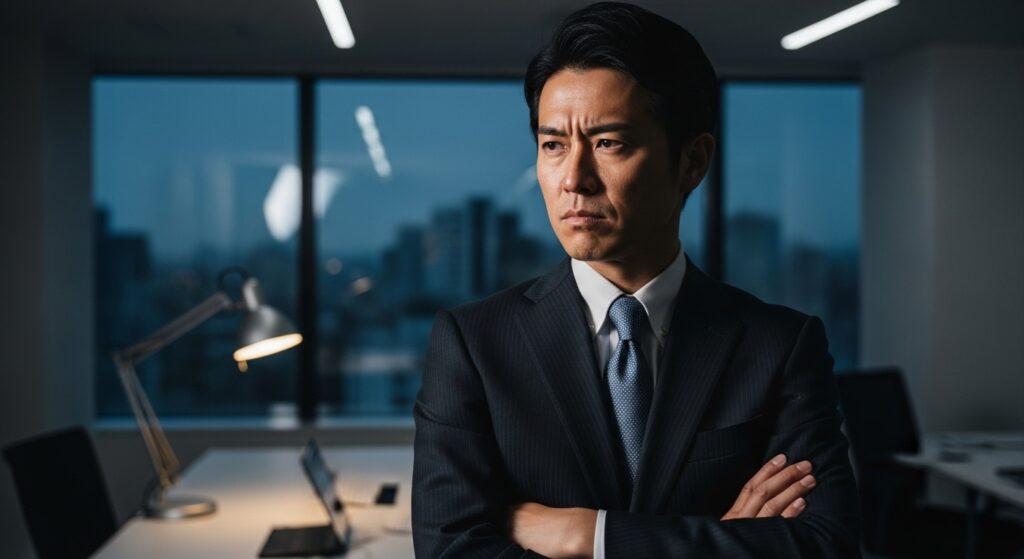 「私は悪くない」と腕を組んで頑なな表情を浮かべ、自己防衛する男性。