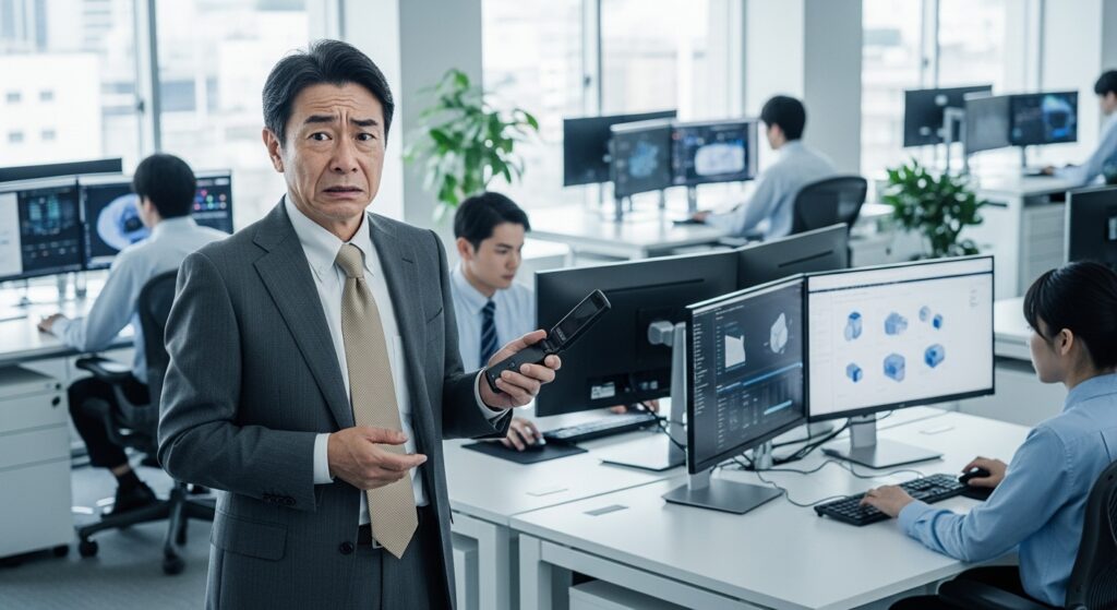現代的なオフィスで古い携帯電話を握りしめ、時代に取り残されて困惑する日本人ビジネスマン。