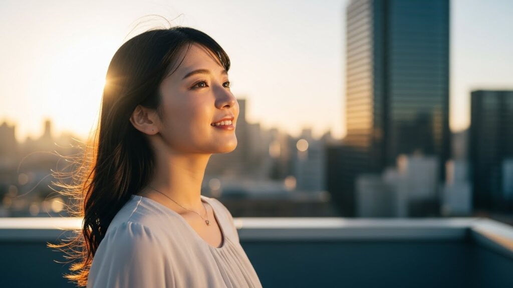 朝日に照らされながら、晴れやかな表情で遠くを見つめている女性。約束を守らない人と縁を切るべき理由を理解し、関係を清算して新しい一歩を踏み出す前向きな未来を表現している。