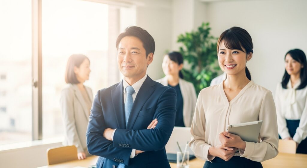 職場で一方的に張り合ってくる人との関係によるストレスから解放され、自信と余裕を取り戻して前向きに仕事に取り組む日本人ビジネスパーソンたちの晴れやかな様子。