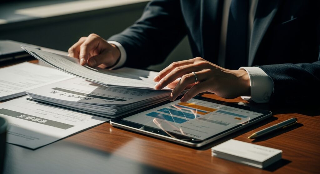 タブレットと書類を使い、洗い出したタスクの優先順位を整理するビジネスマンの手元