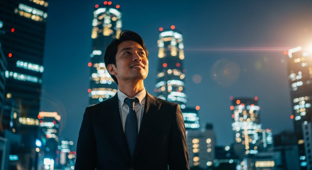 夜の高層ビル街を背景に、スーツ姿の男性が前向きな表情で遠くを見上げ、つらい経験を将来のキャリアに活かそうとしている。