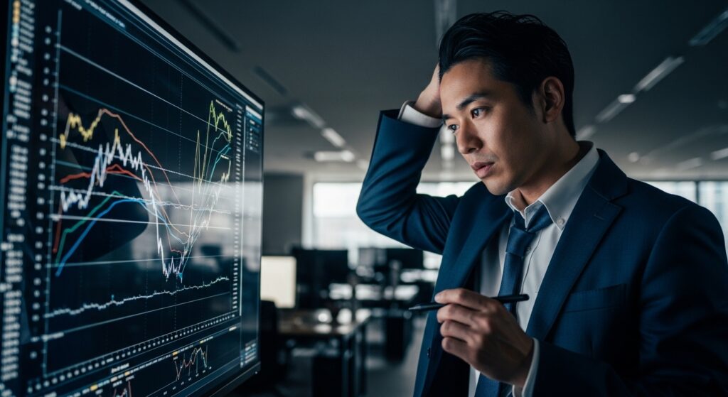 複雑なデータグラフを前に、人に頼れず一人で悩む日本人ビジネスマン