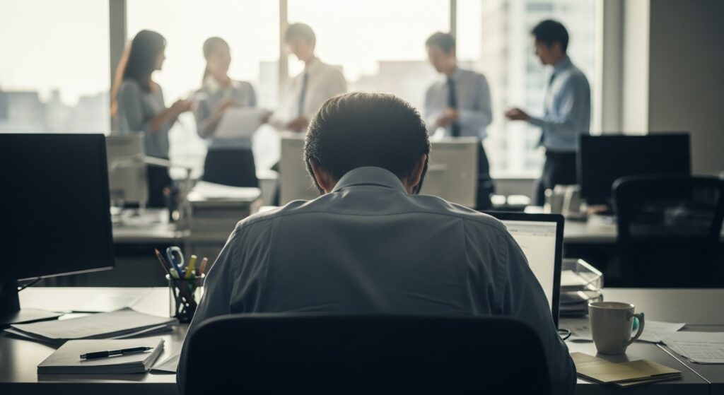 同僚が雑談する中で一人だけ仕事をし、職場への不公平感や不信感を募らせる男性の後ろ姿。