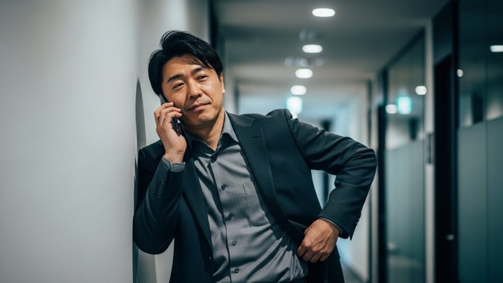 廊下で壁に寄りかかり、悪びれる様子もなく電話で談笑している男性。自分本位で他人の迷惑を理解できないという、約束を守らない人の特徴と心理的な軽さを現わしている。