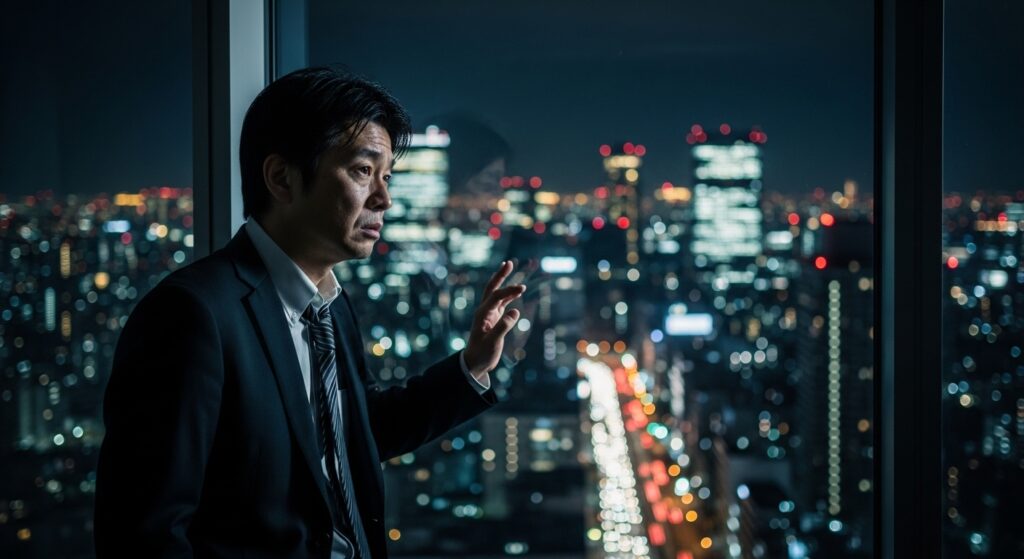 高圧的な人の末路として、夜景の見える窓辺で精神的な安らぎを得られず、不安な表情を浮かべる日本人男性。