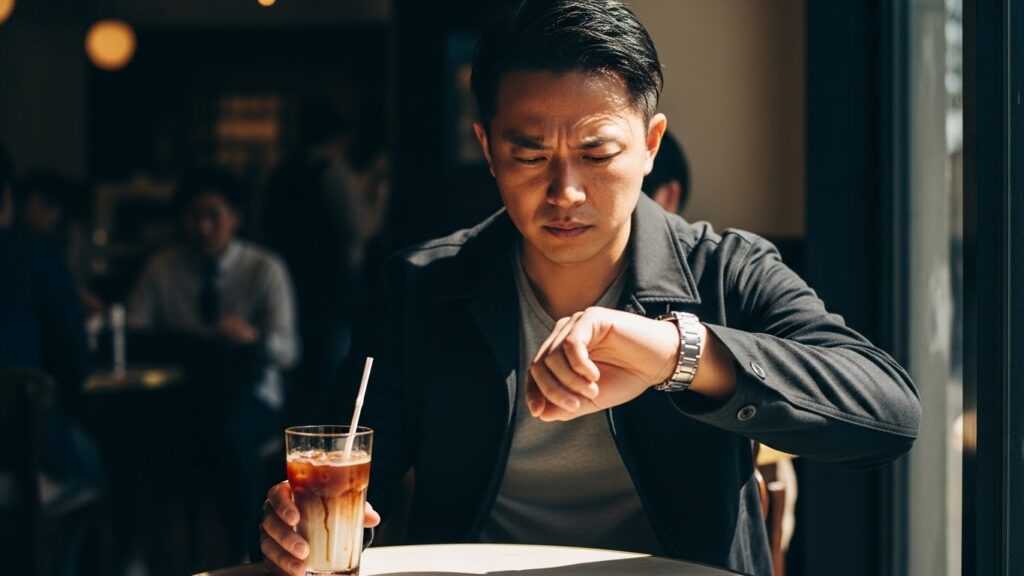 カフェで腕時計を見ながらイライラした表情で相手を待っている男性。約束を守らない人と関わることで時間と精神的エネルギーを奪われ、縁を切るべき理由となるストレスフルな状況を表している。