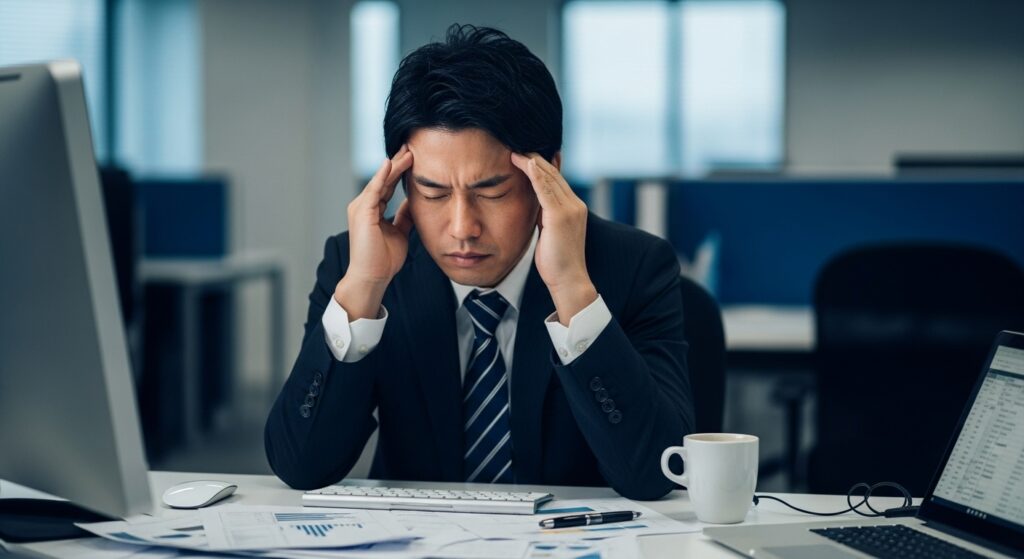 仕事のストレスによる体調不良で、オフィスのデスクでこめかみを押さえる日本人ビジネスパーソン。