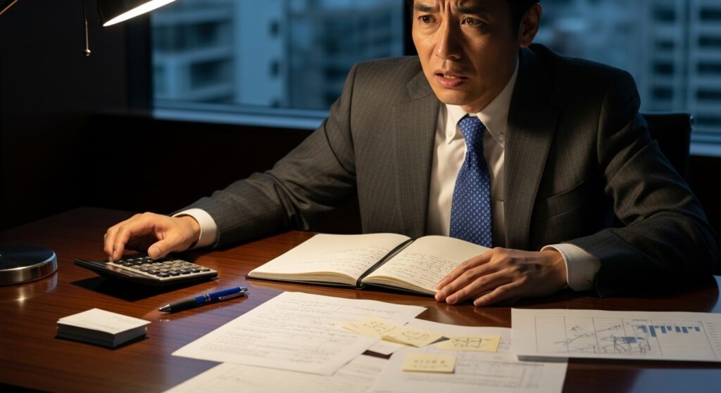 タスクが多すぎて混乱し、簡単な計算ミスをしそうになっている日本人男性