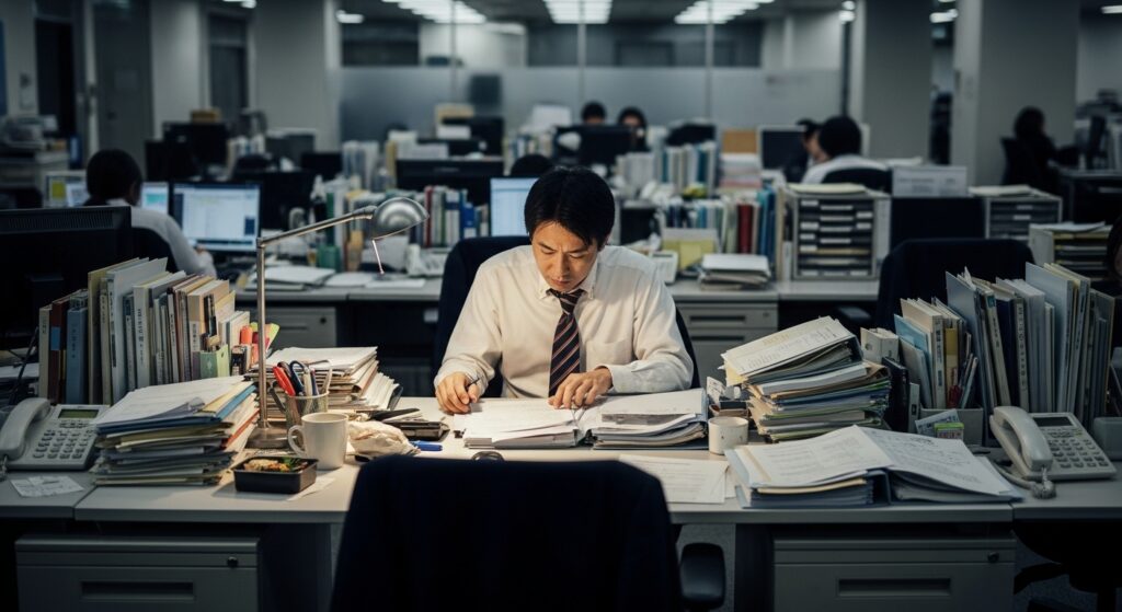 深夜のようなオフィスで、書類に埋もれながら一人残業する社員の姿。特定の部下に業務負担が集中している状況。