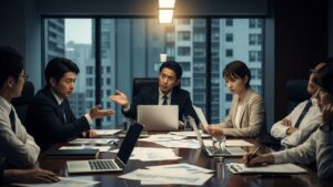 他責思考の人の口癖が原因で緊張感が漂う職場の会議室。議論が停滞している様子。