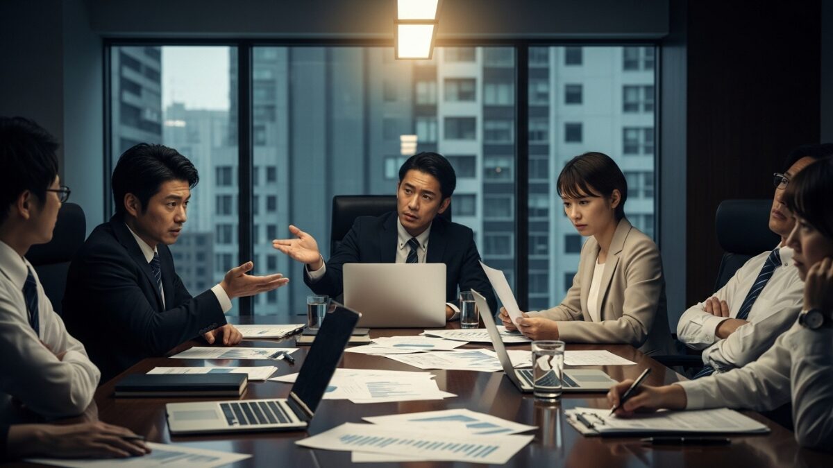 他責思考の人の口癖が原因で緊張感が漂う職場の会議室。議論が停滞している様子。