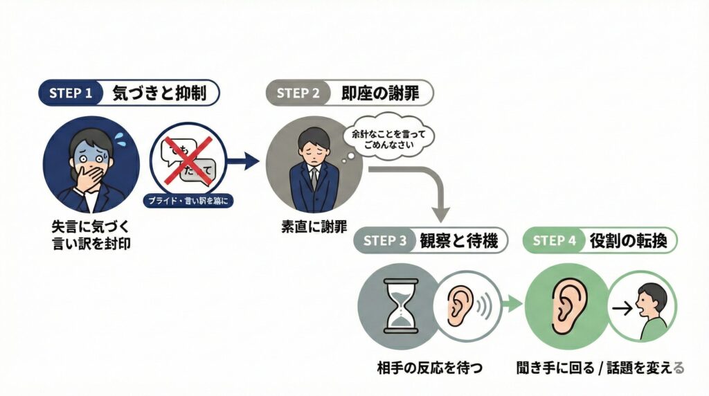 失言に気づいたら言い訳を封印し、素直に謝罪して相手の反応を待ってから話題を変えるまでの適切な対応手順を示すフローチャート