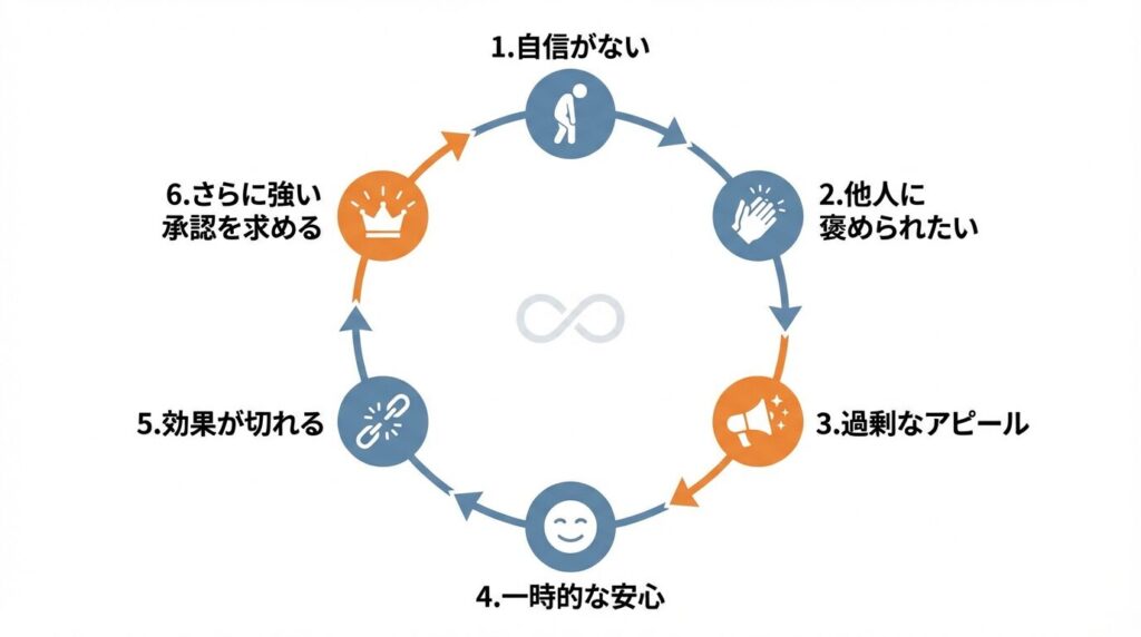 承認欲求が満たされない悪循環の図解：自信のなさから過剰なアピールへ、そして一時的な安心からさらに強い欲求へ繋がるサイクル
