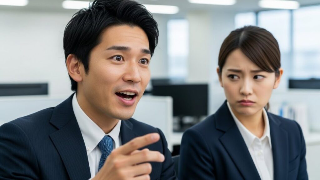 オフィスで理屈っぽい男性同僚が一方的に話しかけ、女性社員がめんどくさいと感じて困惑している様子。理屈っぽい人の特徴と、それに対処しようとする職場の場面。