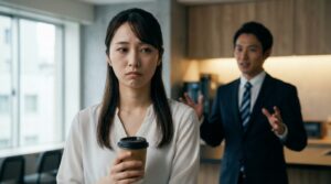 職場で同僚の自慢話を聞かされて精神的に疲れている日本人女性社員の様子。自慢ばかりする人の末路や対処法について悩んでいる場面。