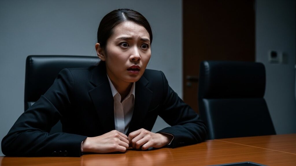 会議中の沈黙に耐えられず、焦りの表情を浮かべている日本人ビジネスウーマン。沈黙への恐怖やプレッシャーが、余計なことを言ってしまう原因となっている状況を描写しています。