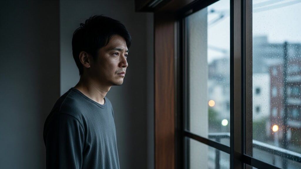 薄暗い部屋の窓際で、日本人男性が深刻な表情を浮かべて物思いにふけっている。なぜ自分は思ったことを言ってしまうのか、その主な原因や心理的葛藤と向き合っている様子。