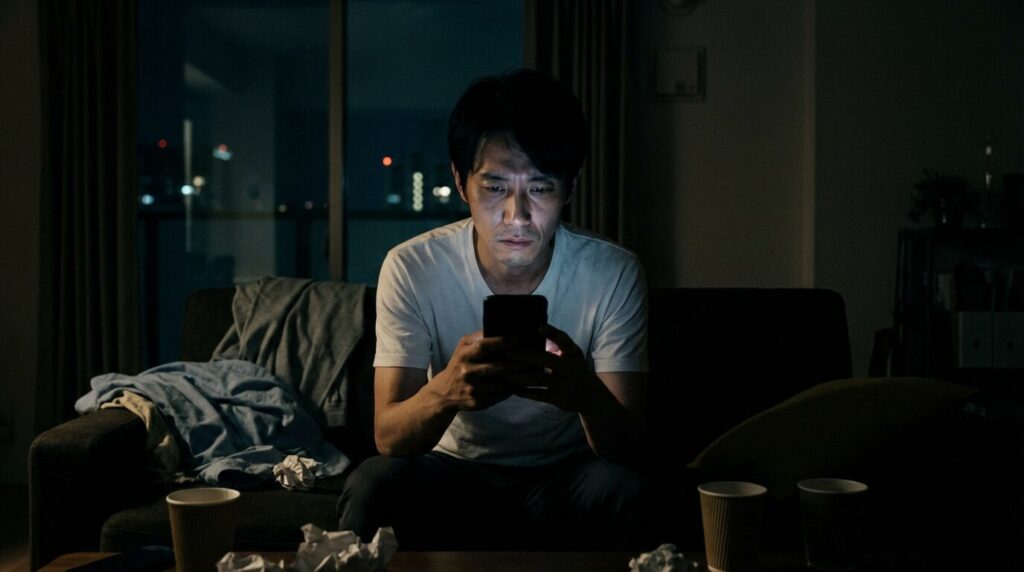 スマートフォンを不安げに見つめる日本人男性。自己肯定感の低さや孤独感など、承認欲求が強くなる原因となる心理状態を表している。