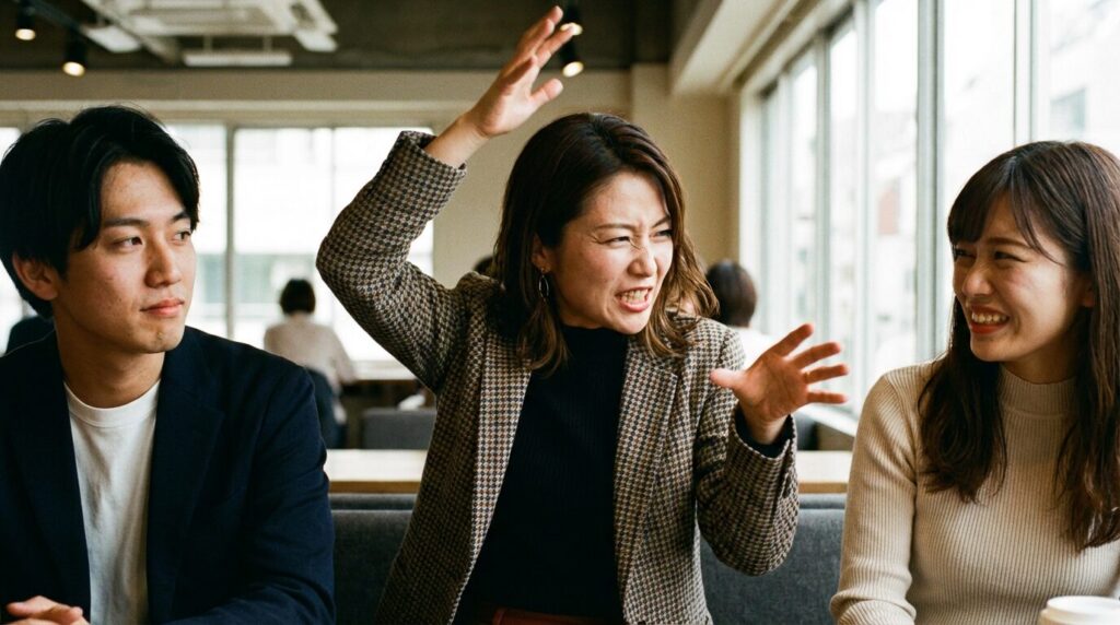 休憩中に一方的に話し続ける承認欲求が強い日本人女性と、そのうざい行動パターンに困惑する周囲の人々。