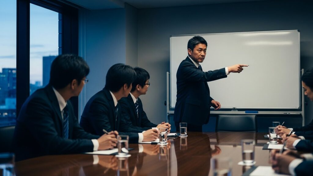 会議室でホワイトボードを背に、参加者を指差して自説を強く主張する男性上司。勝ち負けにこだわり相手を論破しようとするなど、理屈っぽい人に共通する特徴的な行動を表している。