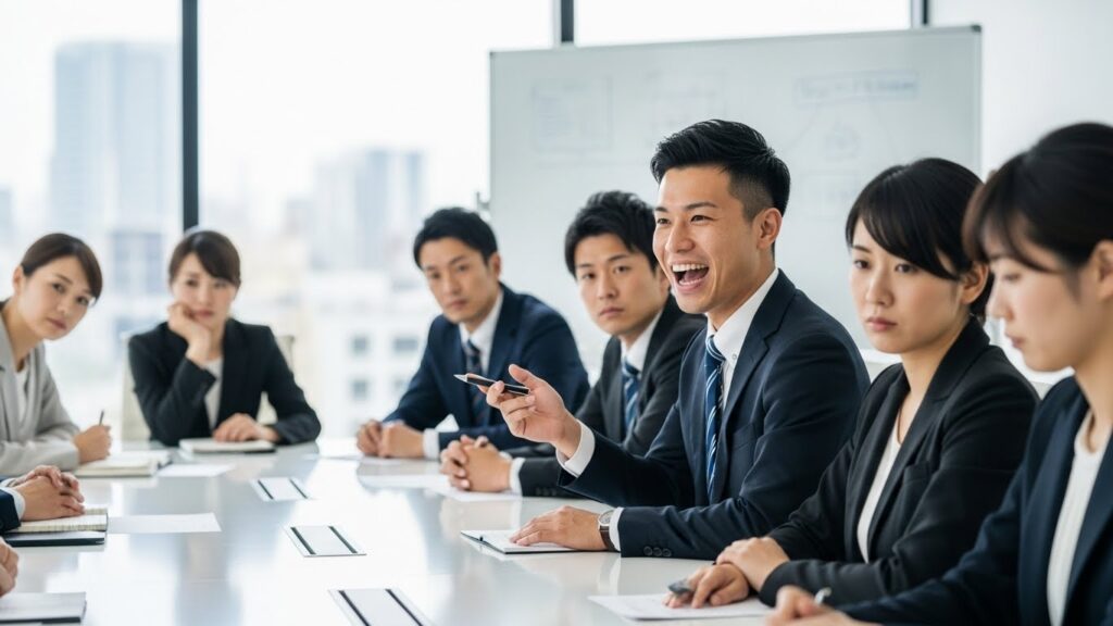 会議室で周囲の冷ややかな視線に気づかず、一方的に笑顔で話し続ける日本人男性社員。相手の反応を見ずに直感で話してしまう、言わなくていいことを言う人の特徴的な行動。