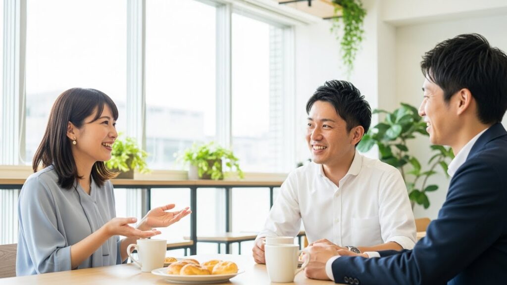 オフィスの休憩スペースで、同僚と笑顔で穏やかに会話を楽しんでいる日本人社員たち。余計なことを言ってしまう原因と直し方を実践し、円滑な人間関係を築けている成功イメージです。