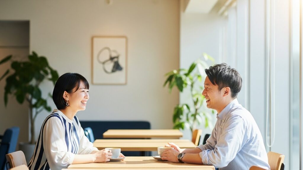 明るいカフェのようなオフィスで、日本人の男女がコーヒーを片手に笑顔で穏やかに会話をしている。相手に寄り添う上手な伝え方を身につけ、良好な人間関係を築いている様子。