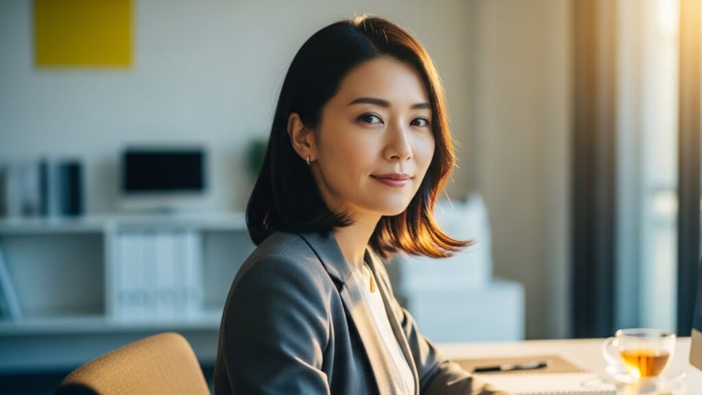清潔なオフィスで自信に満ちた穏やかな表情で仕事に取り組む女性。人を見下す人の育ちや心理を理解し、適切に対処することで得られる前向きな変化の象徴。