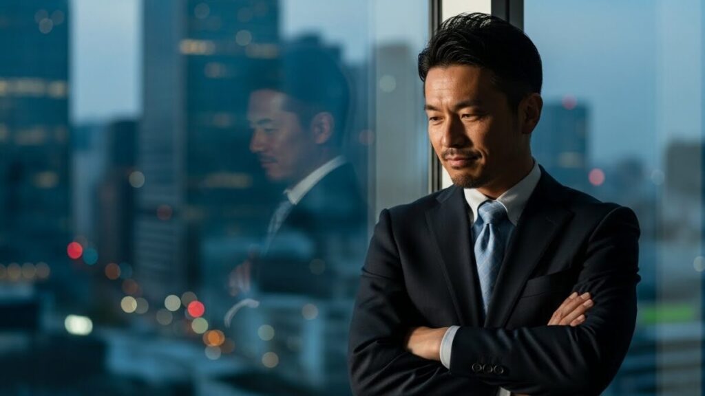 職場の窓際で自信ありげに腕を組んで見下ろす上司と、冷静に対応する部下。人を見下す人の育ちと心理、それに対する適切な対処法を象徴している様子。