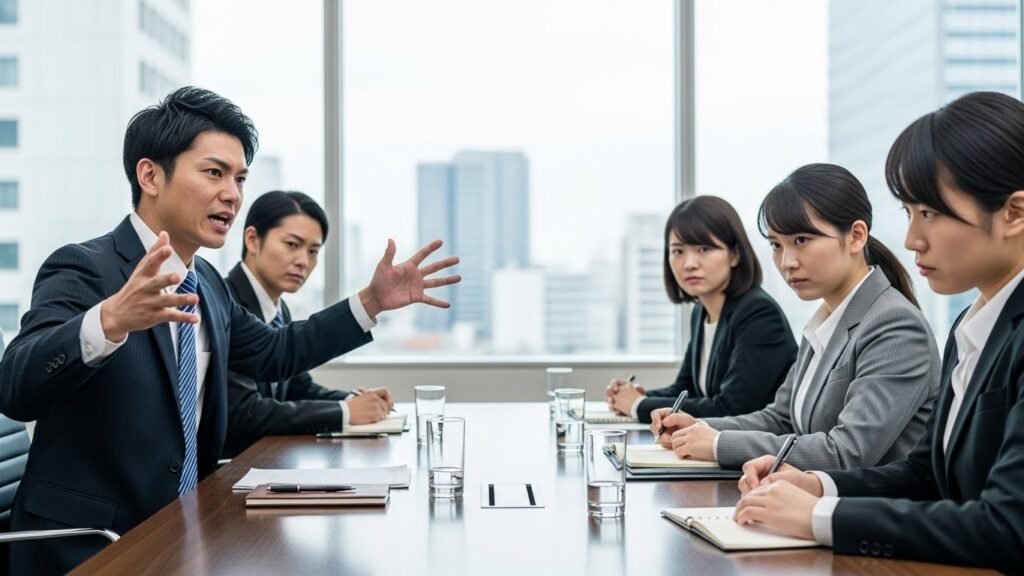 オフィスの会議室で身振りを大きくして一方的に話す男性と、冷ややかな視線を向ける同僚たち。人を見下す人に共通する、周囲を顧みない独りよがりな特徴的な振る舞い。