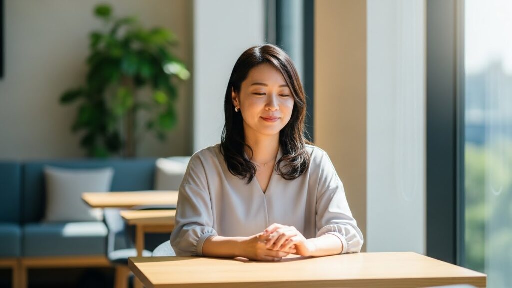 明るいオフィスで穏やかな表情を浮かべ、相手の話を優しく受け止めている女性。肯定して受け流すなど、理屈っぽい人への上手な対処法を実践し、リラックスしている様子。