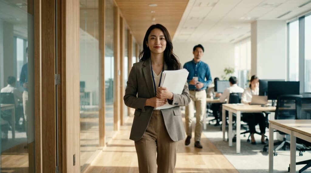 承認欲求が強い同僚に対し、笑顔で挨拶しつつも立ち止まらずに距離を保つ日本人女性。うざいと感じた時の効果的な対処法を実践している様子。