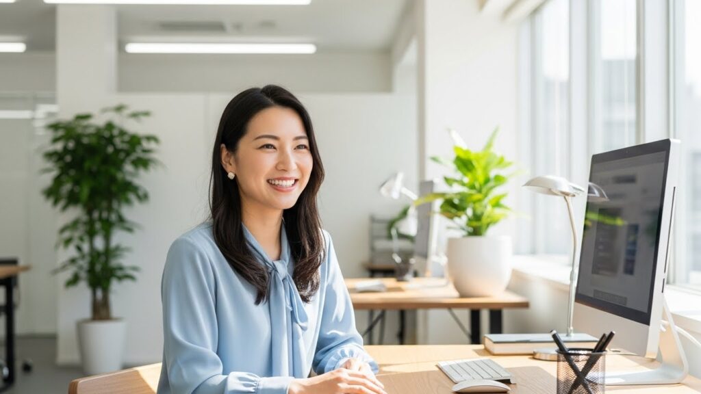 明るいオフィスで、笑顔でスマートに対応する日本人女性。余計なことを言う相手に対し、波風立てずに受け流す大人の対処法を実践しているポジティブなイメージ。