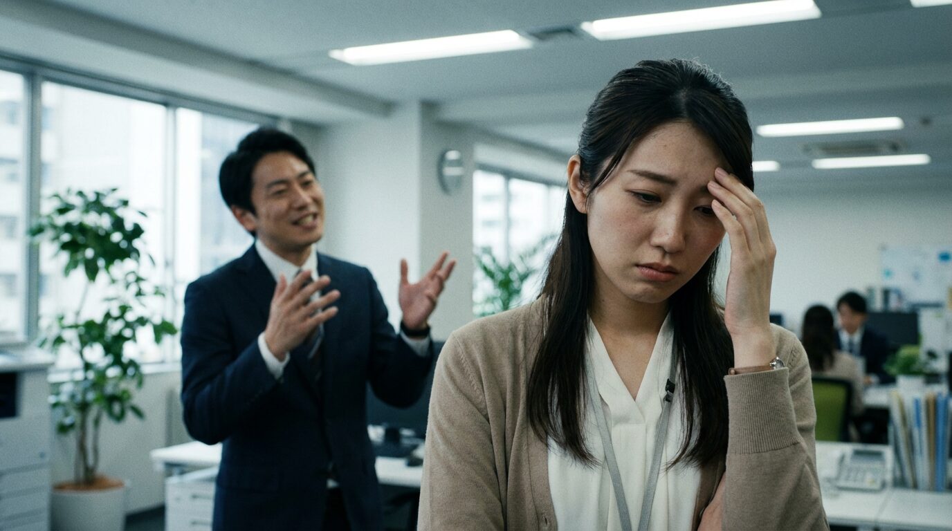 職場で承認欲求が強い同僚の自慢話に疲れを感じている日本人女性社員。うざいと感じた時の対処法や原因を理解しようとしている様子。