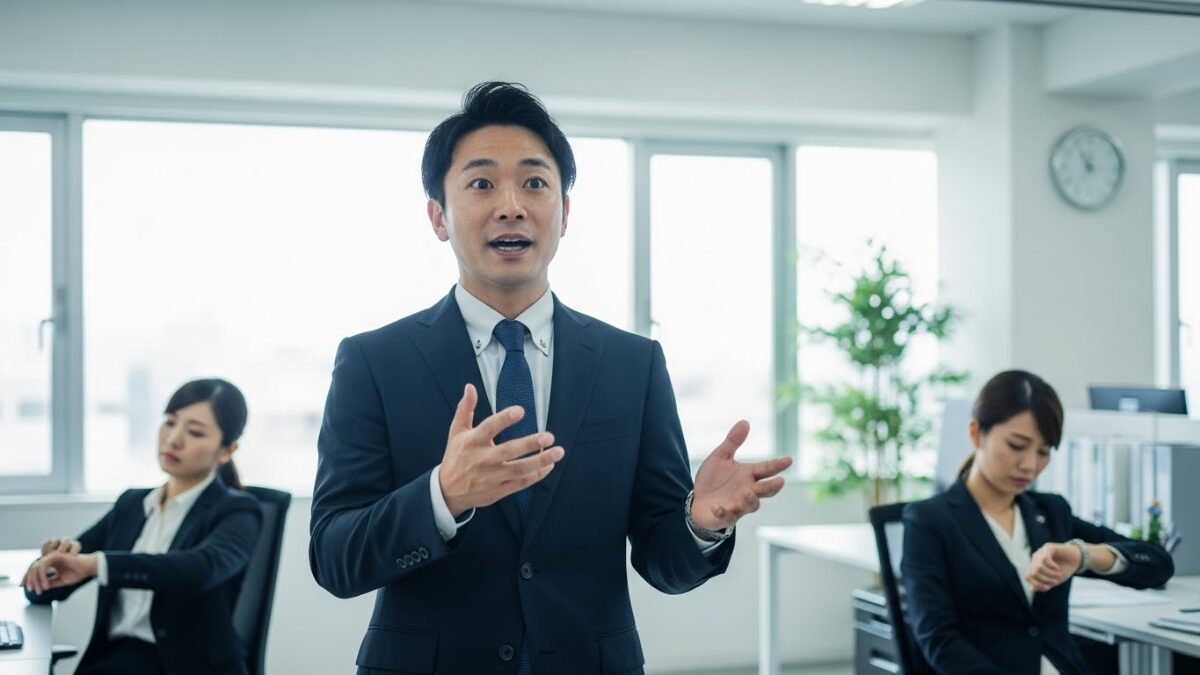 オフィスのデスクで男性社員が一方的に話し続け、周囲の同僚が時計を見てうんざりしている様子。話が長い人にイライラする職場のストレス状況と、その対処法の必要性を表している。