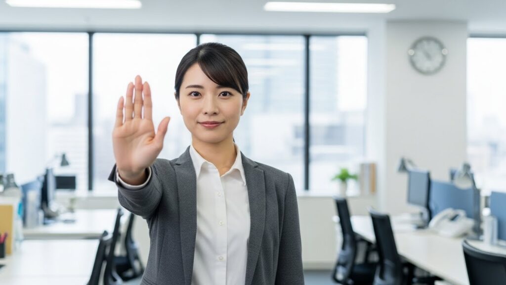 職場で片手を前に出し、毅然とした態度で「ストップ」のジェスチャーをする日本人女性社員。口が軽くて信用できない人に対して適切な距離を保つ、効果的な対処法を実践している様子。