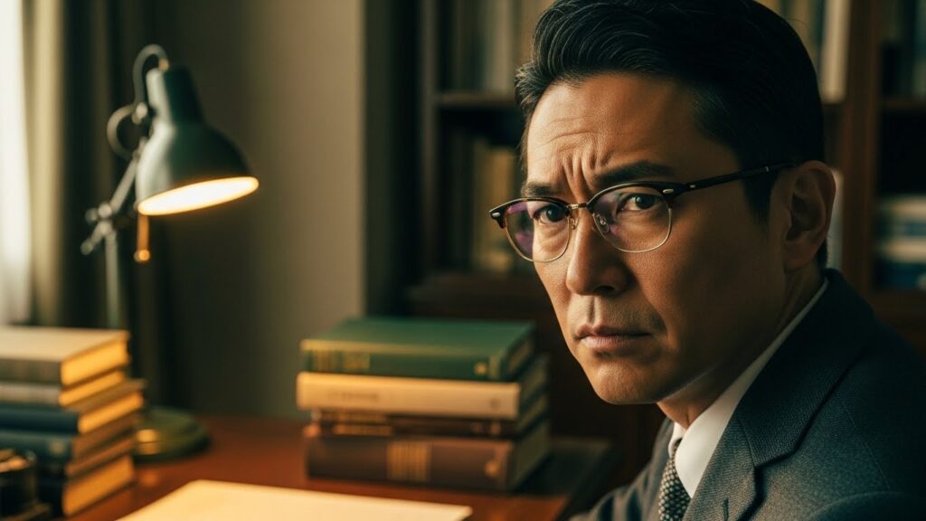 書斎で眉間にしわを寄せて深く考え込む眼鏡の男性。物事の筋道や正当性にこだわる「理屈っぽい」という言葉の意味や定義を、真剣な表情で表現している。