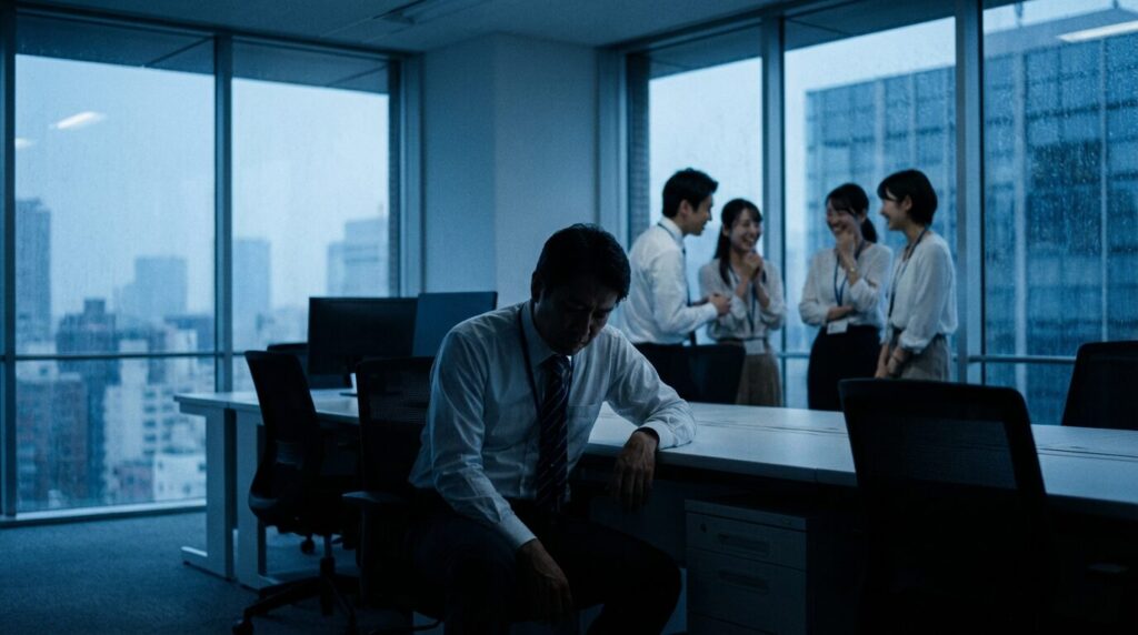 お節介な人の末路として、職場で孤立している日本人の後ろ姿。周囲から距離を置かれ、誰からも相手にされなくなった寂しい結末を描写。