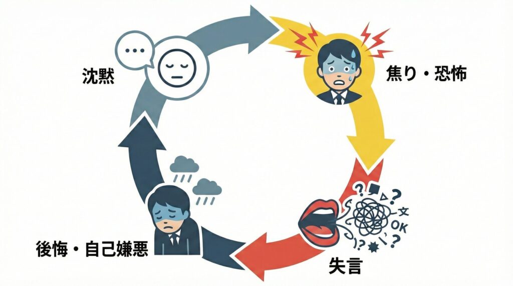 言わなくていいことを言う人の心理図解。沈黙への恐怖が引き起こす失言の悪循環フローチャートを示している。