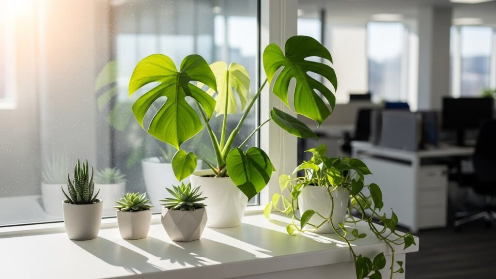 明るい日差しが差し込むオフィスの窓辺と青々とした観葉植物。自分の仕事しかしない人への対処法を実践し、ストレスのない健全な職場環境が整った未来のイメージ。