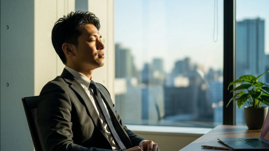 オフィスの窓際で目を閉じて深呼吸をし、心を落ち着かせている日本人男性。発言する前に一呼吸置くことは、余計なことを言ってしまう癖の直し方として効果的な習慣です。