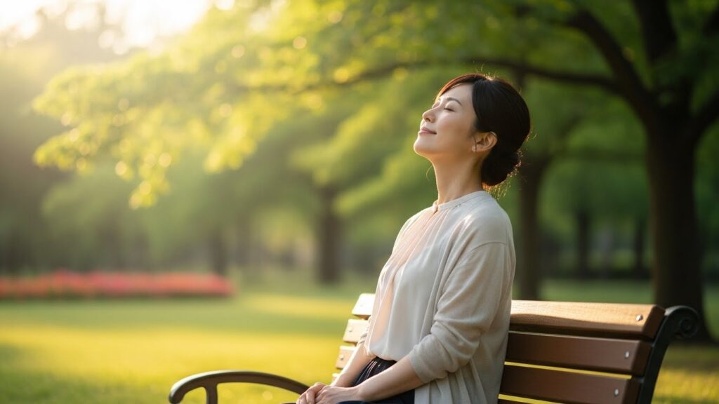 柔らかな光が差し込む公園のベンチで、日本人女性が目を閉じて深く深呼吸をしている。発言前に一呼吸置いて冷静になるなど、思ったことを言ってしまう癖を改善する方法を実践しているイメージ。