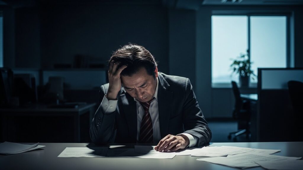 薄暗いオフィスに一人残り、頭を抱えて悩む日本人男性ビジネスマン。自分の仕事しかしない人が信頼を失い、誰からも助けを得られずに孤立無援となる悲しい末路を表現している。