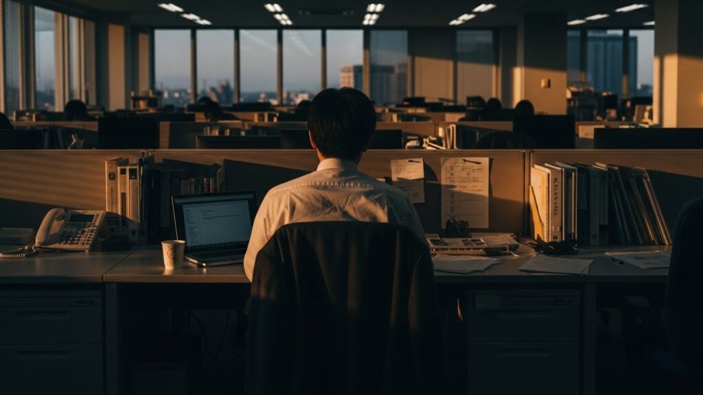 夕暮れの薄暗いオフィスで、たった一人孤独にデスクに向かう日本人社員の後ろ姿。周囲からの信用を失い人が離れていった、口が軽い人が迎える悲しい末路を象徴している。