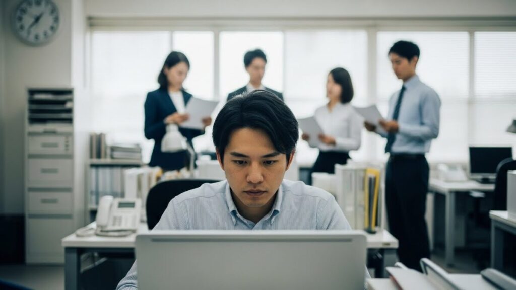 手前のデスクで黙々とPCに向かう日本人男性社員と、背後で楽しげに打ち合わせをする同僚たち。自分の仕事しかしない人が職場で孤立していく末路と、周囲との温度差を象徴的に表している。