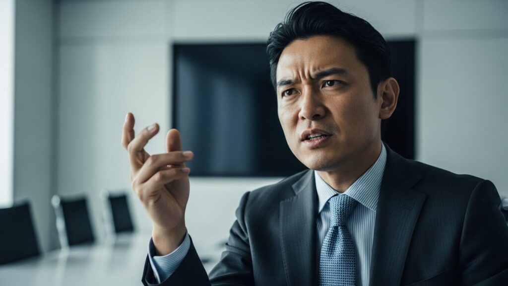 会議室で身振り手振りを交えて自己陶酔した表情で話す男性。話が長い人に共通する、相手の反応を気にせず自分語りをする特徴と心理を描写している。